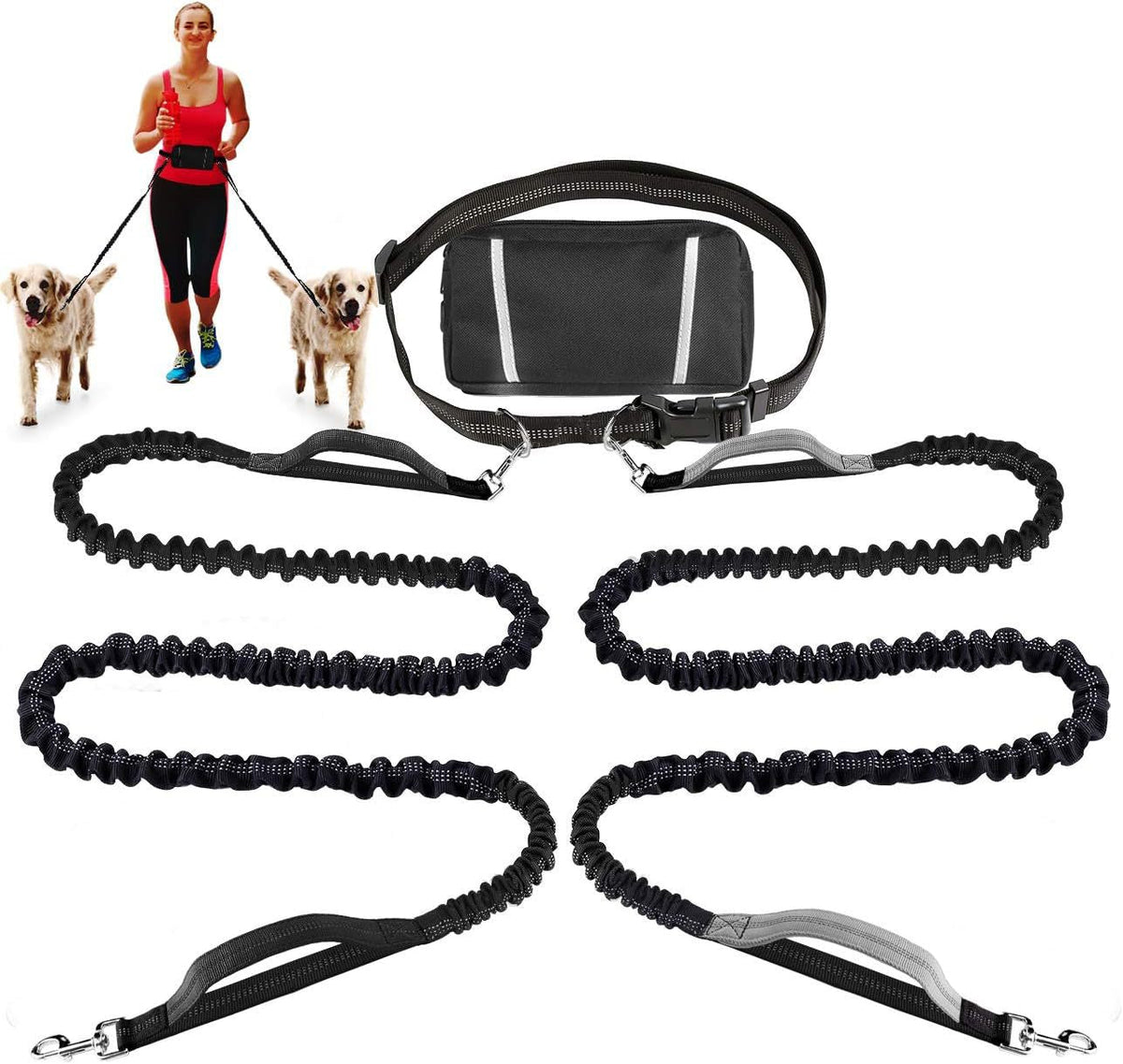 Bungee Dog Leash for Hands-Free Use – Reflective Waist Strap for Running, Hiking, and Walking