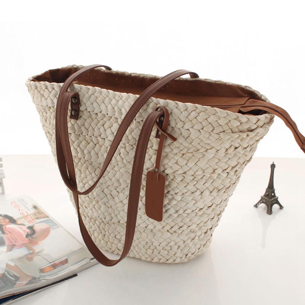 Natural Boho Style Beach Bag with Leather Handle – Straw Material