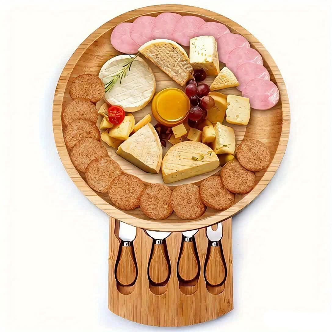 Bamboo Serving and Cheese Board Set with Drawer and Cutlery
