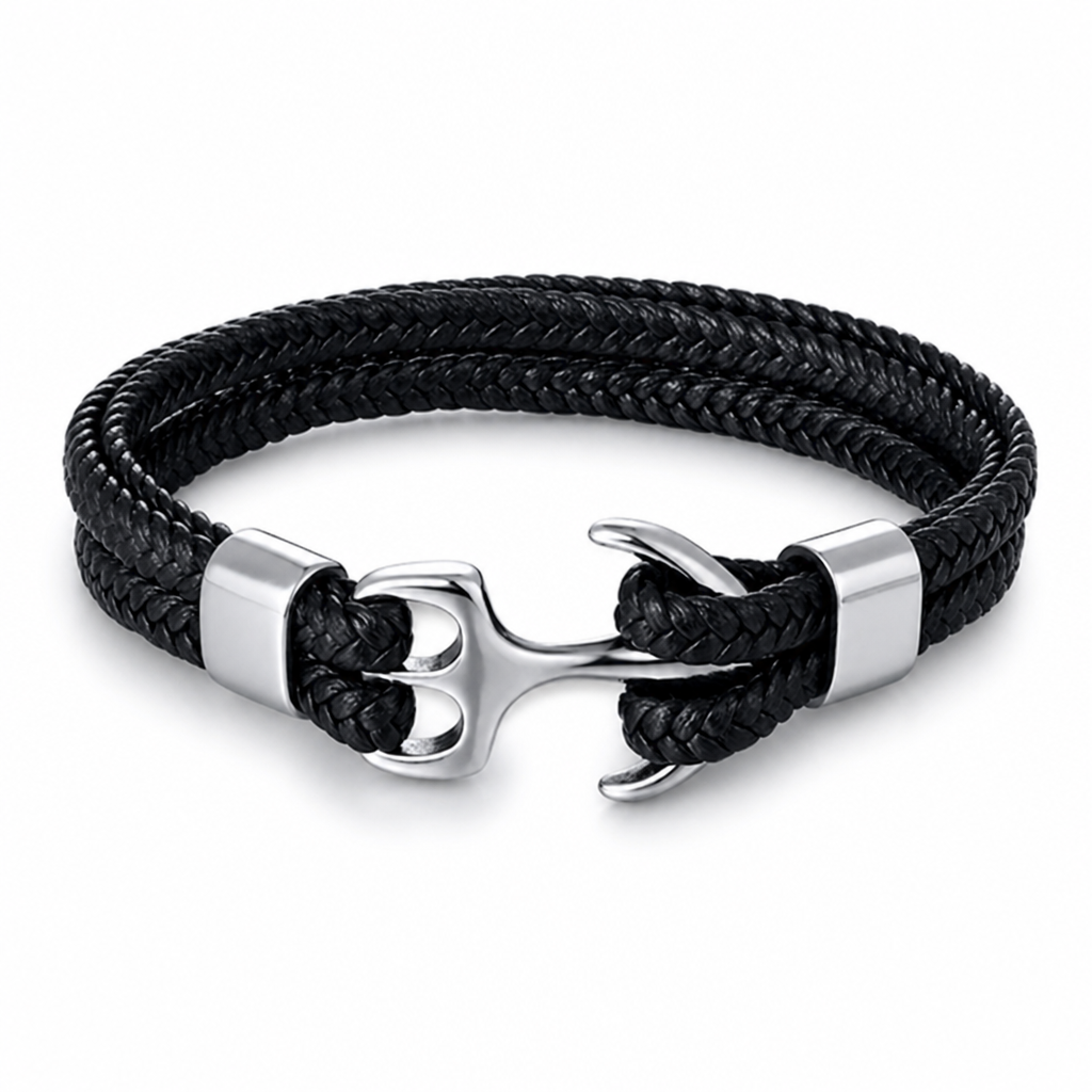 Stainless Steel Anchor Leather Bracelet (Adjustable)