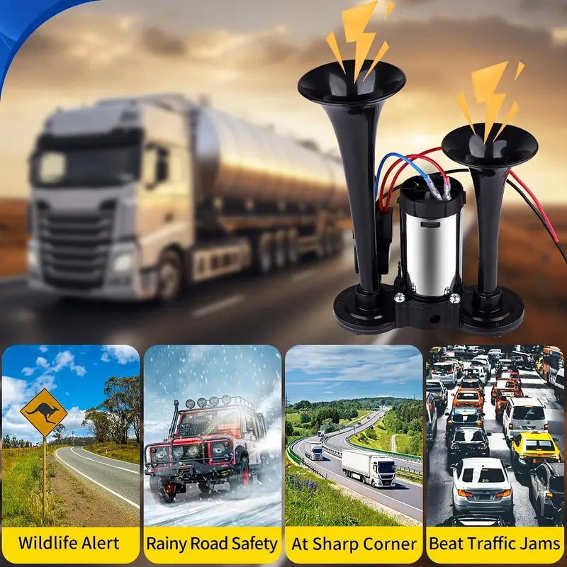 12V Vehicle Dual Air Horn System with 130dB Output and Automatic Compressor