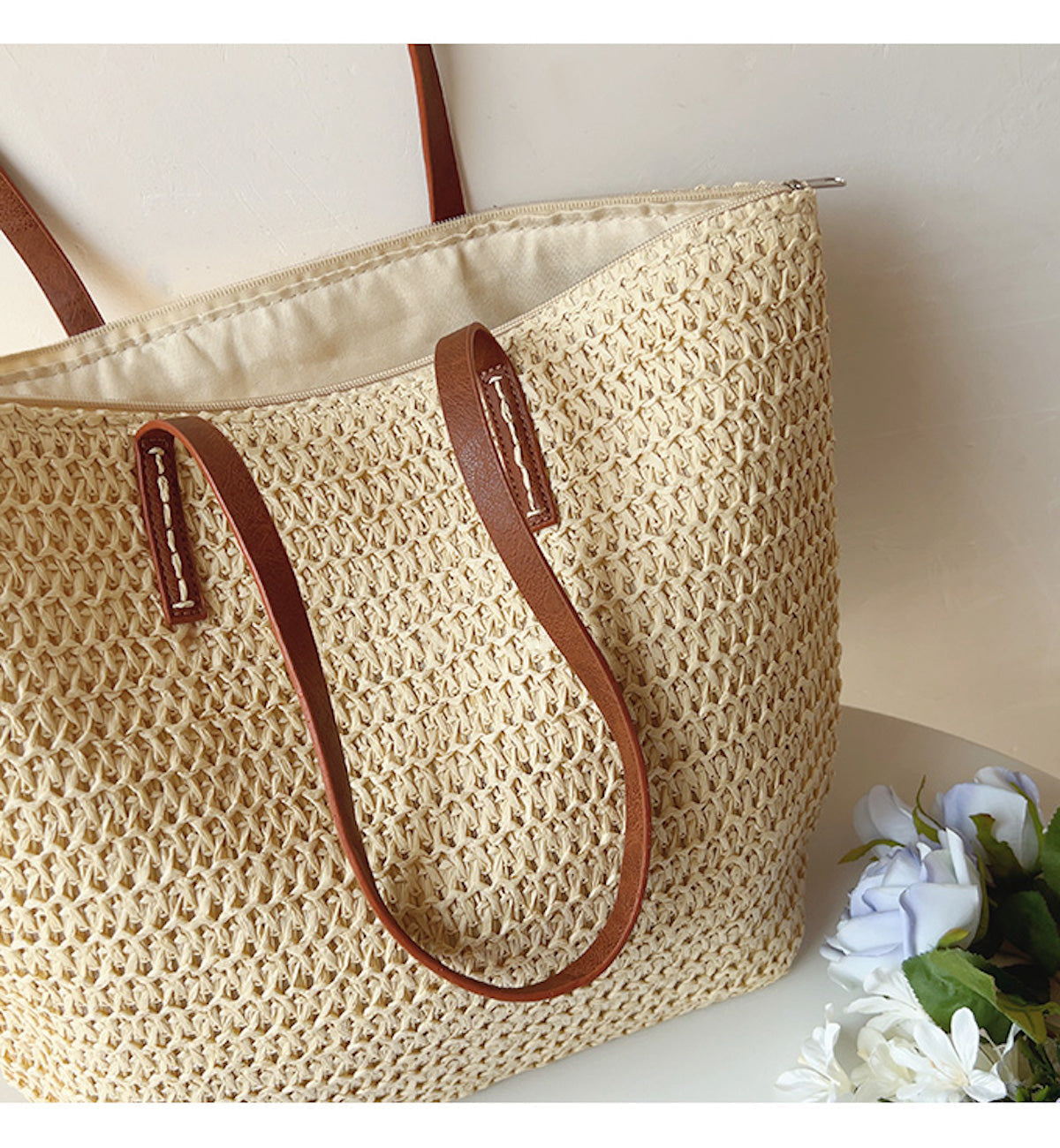 Basket Bag with Leather Handles – Woven Design