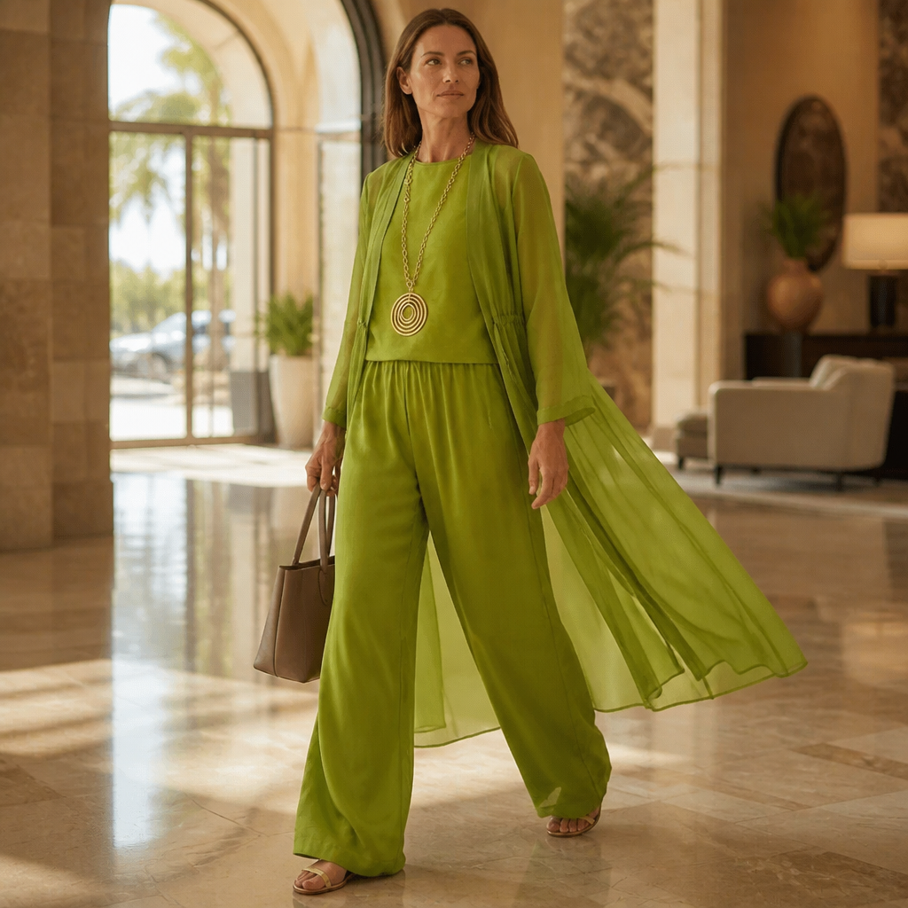 AristaLuxe™ – Three-Piece Wide-Leg Pant Ensemble with Sheer Chiffon Duster Flowing