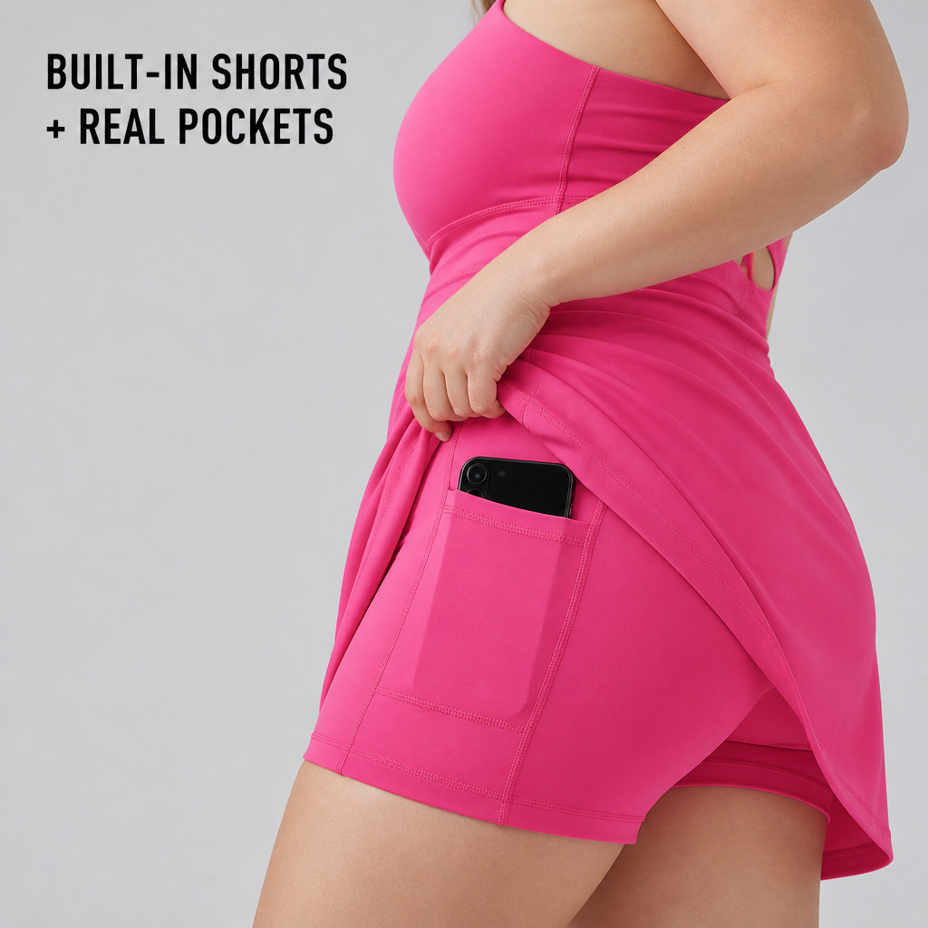 VerveStride™ – Athletic Backless Dress Featuring Integrated Shorts & Side Pockets