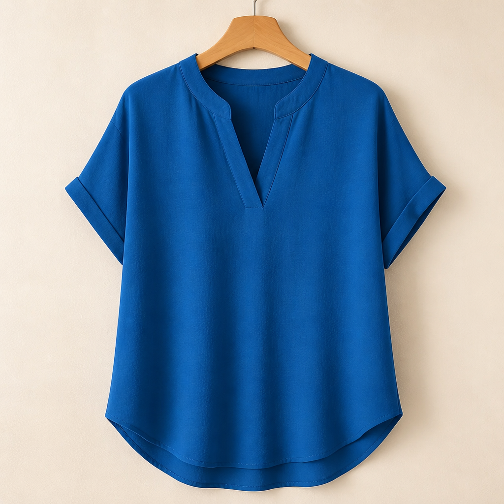 Silkora™ – Casual V-Neck Top with Rounded Hem