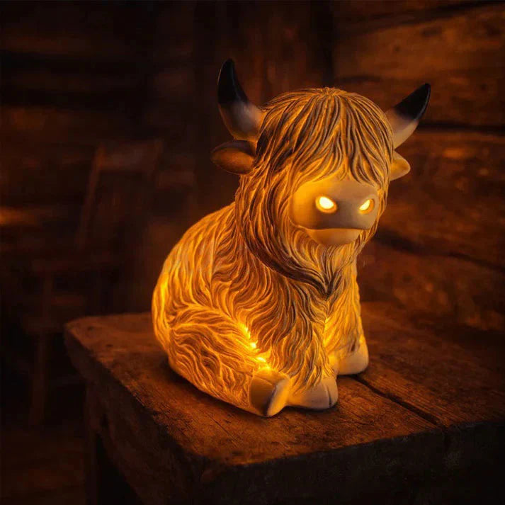 Amber Glow Resin Night Lamp – Highland Cow Design, 10 cm
