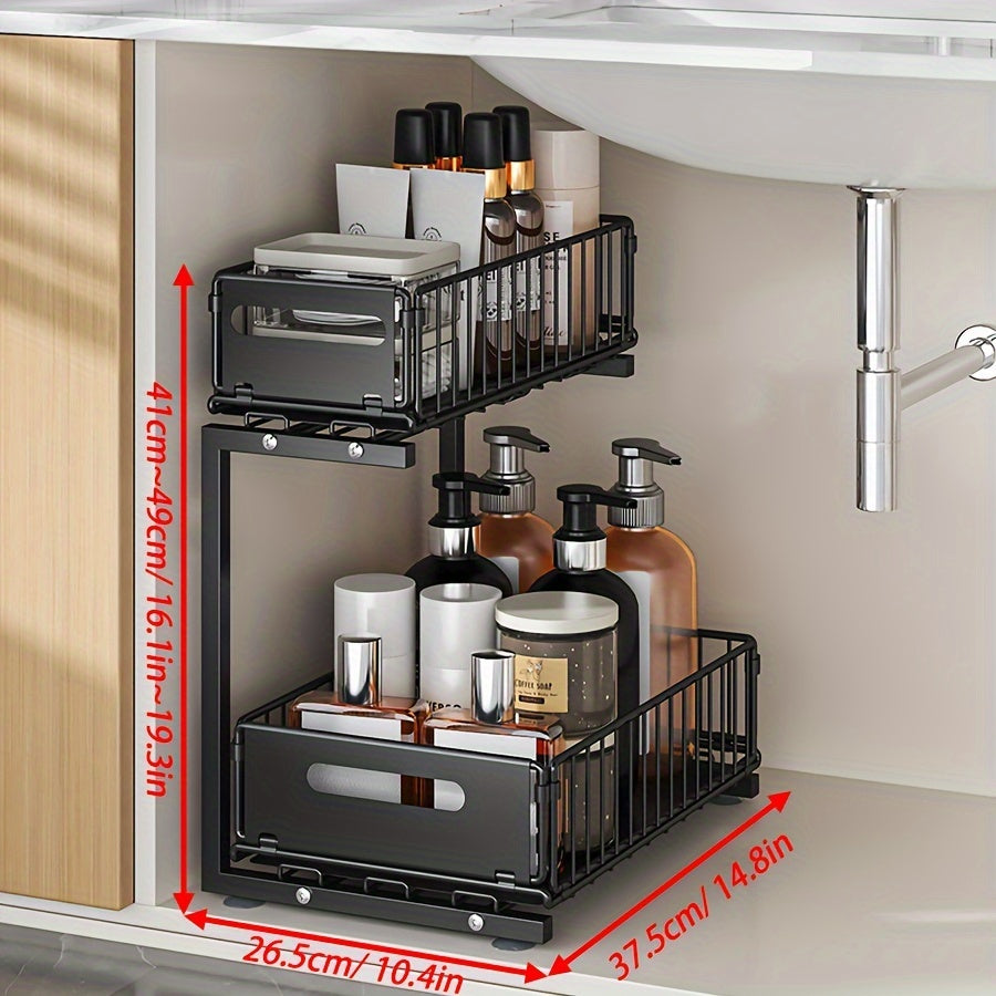Two-Tier Cabinet Organizer with Extendable Carbon Steel Design