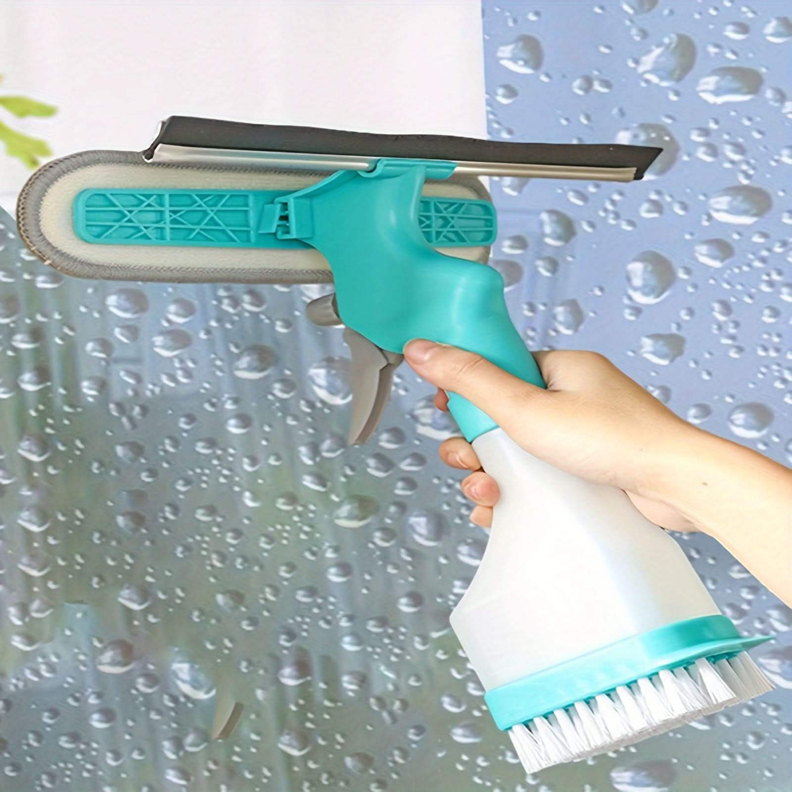 4-in-1 Glass Cleaner Brush with Spray, Scraper, and Scrubbing Tool