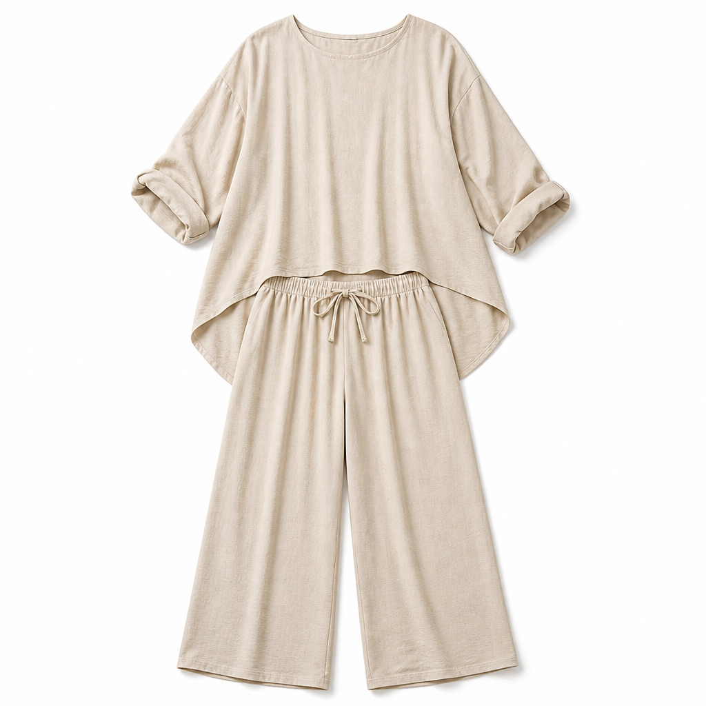 TrueStyle™ – Laid-Back Two-Piece Set Featuring Asymmetric Hem & Wide-Leg Trousers