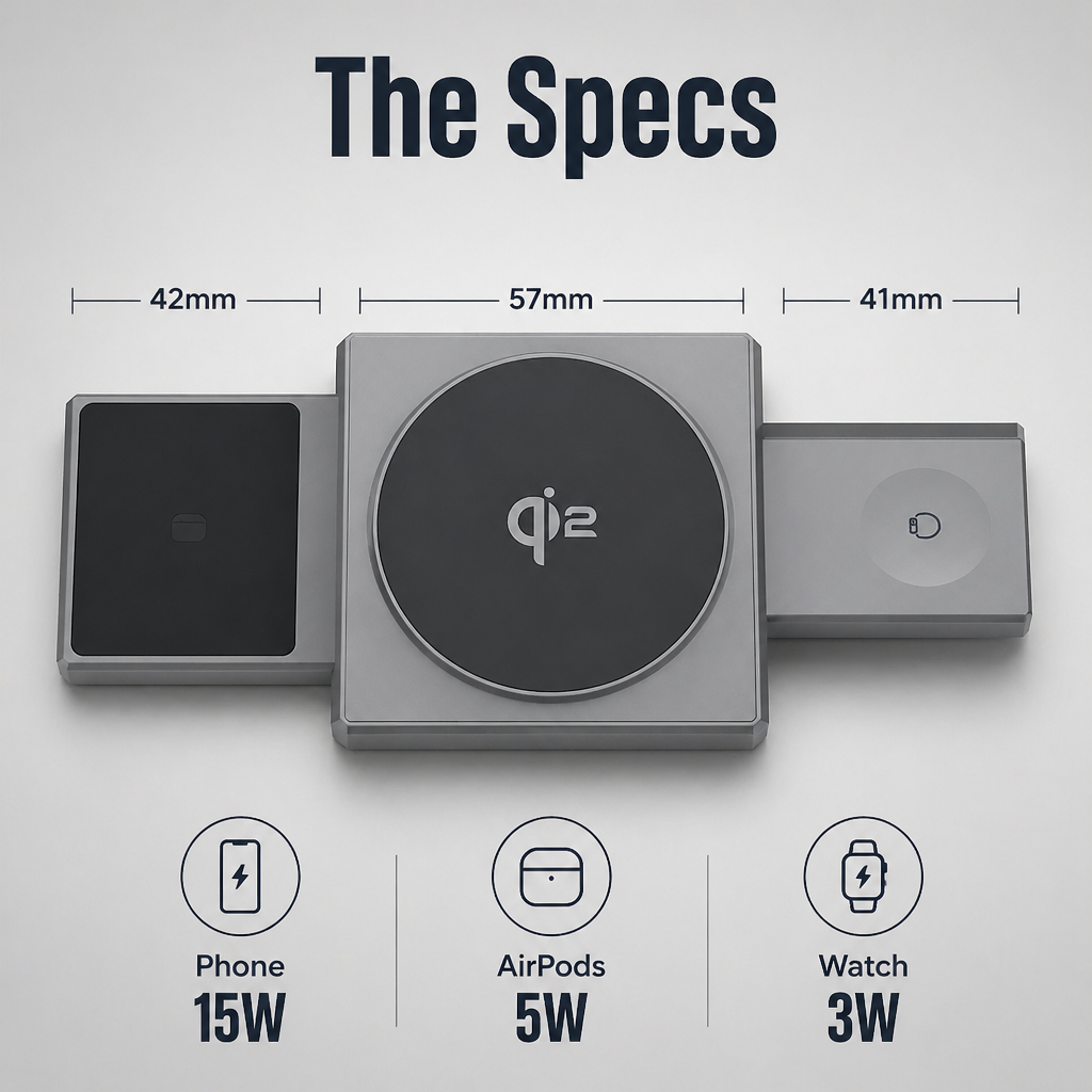 ChargeFlow™ — Attach Your iPhone, Watch & headset to One Foldable Qi2 Stand