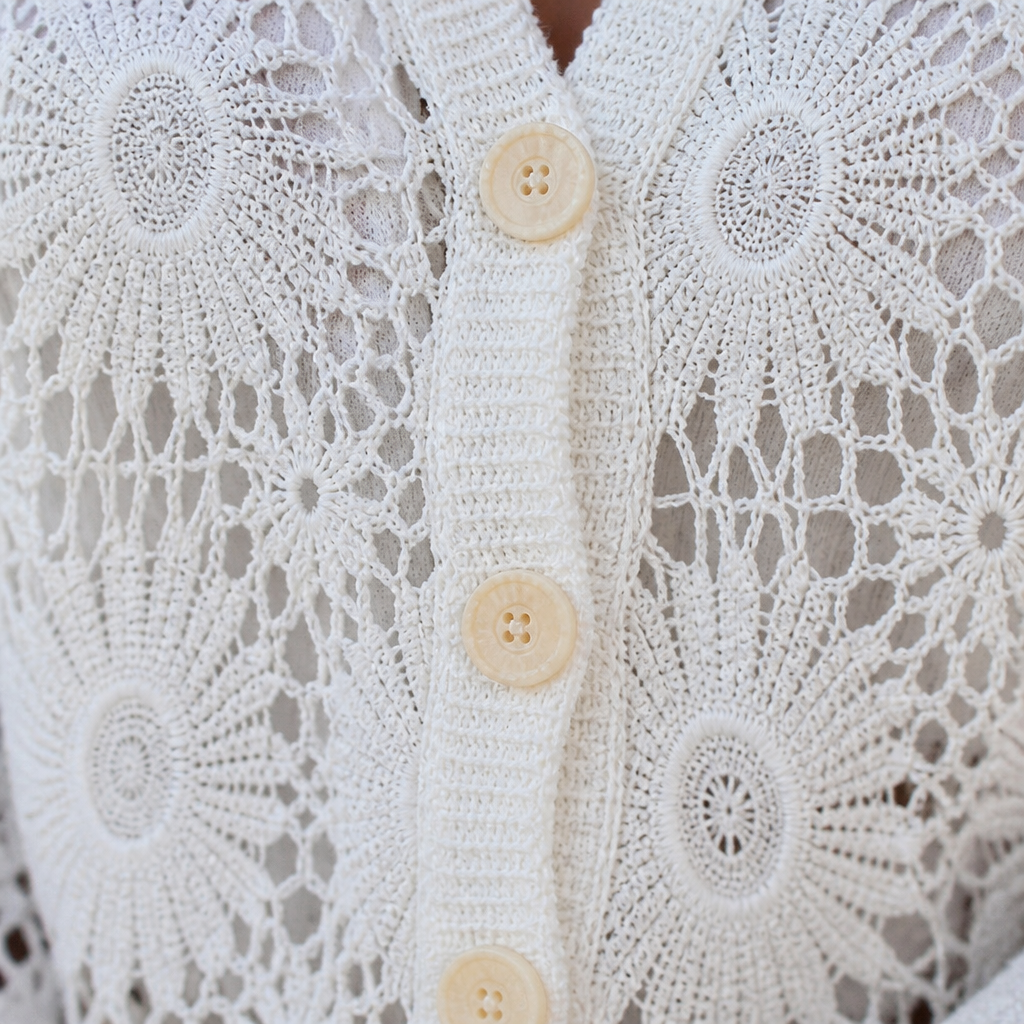 DeloraLace™ – Romantic Crochet Lace Buttoned Top with Scalloped Edge Hem
