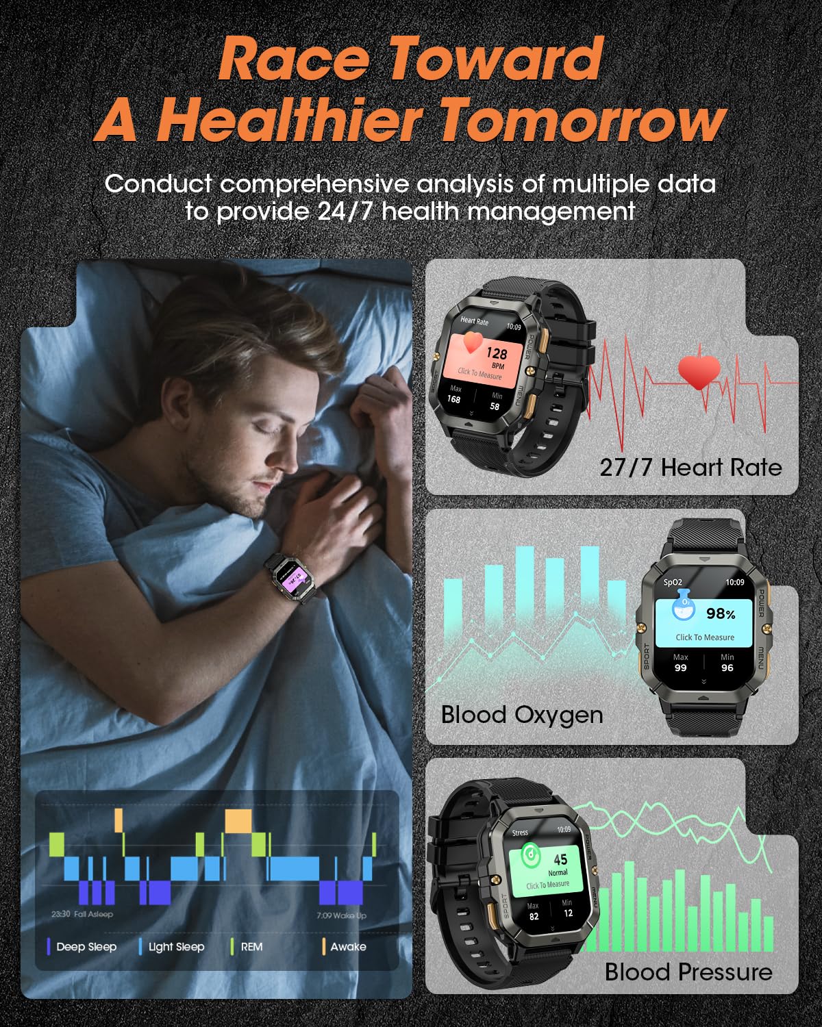 Waterproof Smart Watch for Men | Fitness Tracker with Bluetooth Calls, Heart Rate, Blood Pressure, Sleep, and 100+ Sports Modes