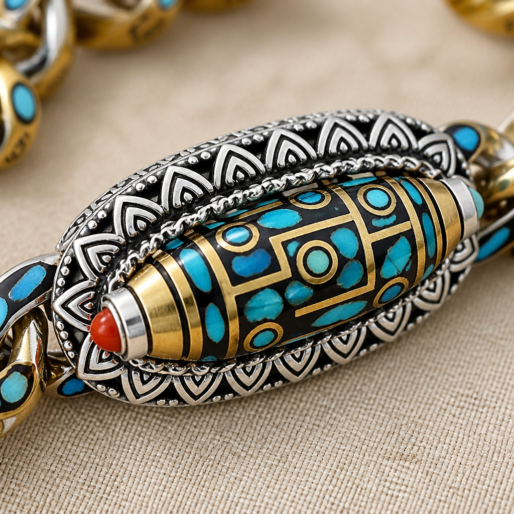 SereniStone™ – Tibetan Nine-Eyed Dzi Bead Bracelet Featuring Turquoise Inlay