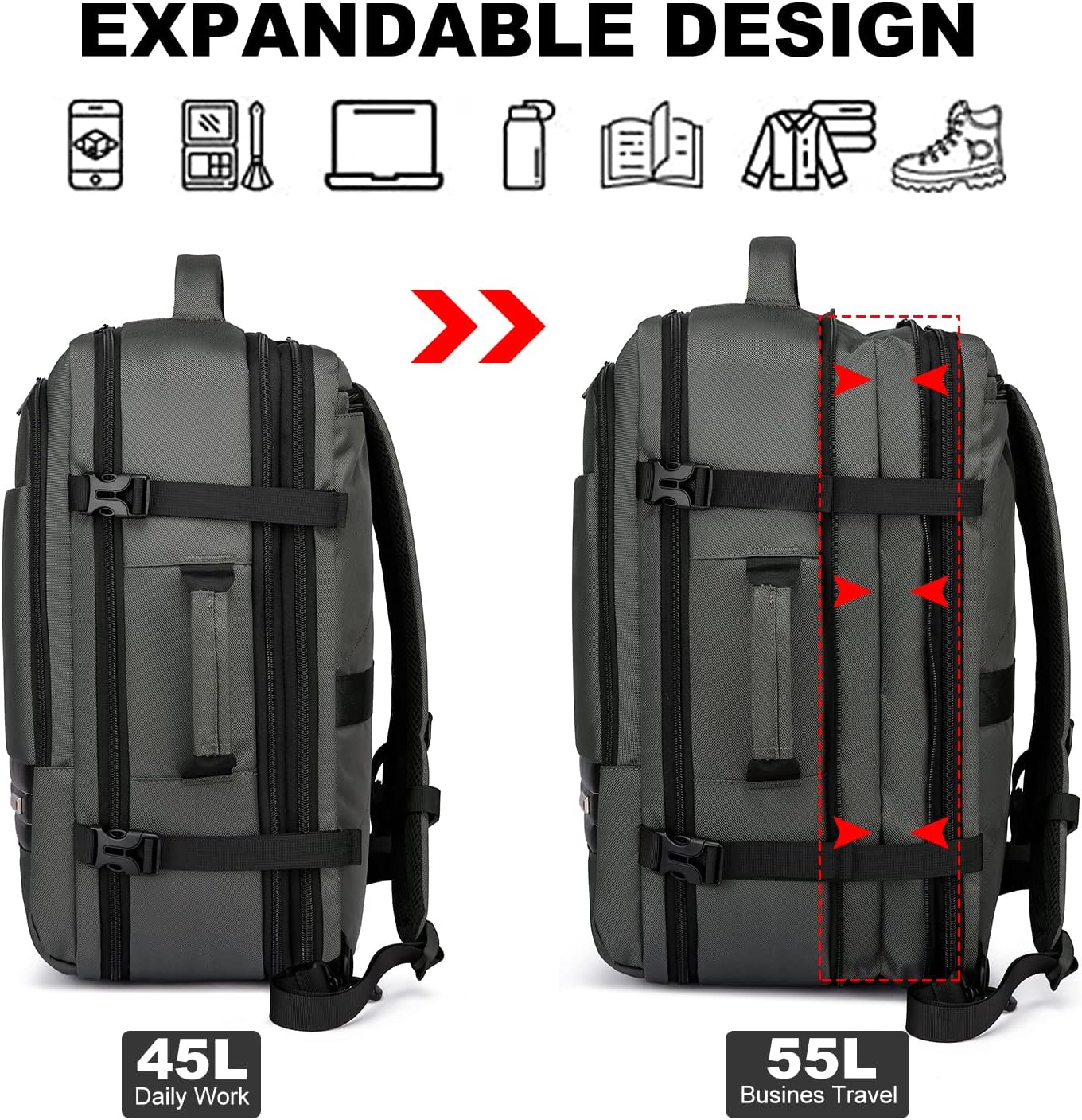 Waterproof Travel Backpack 45-55L with Laptop Section – Expandable