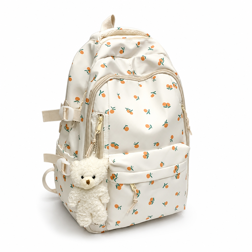Large Capacity Rose Print Backpack (Teddy Bear Charm)