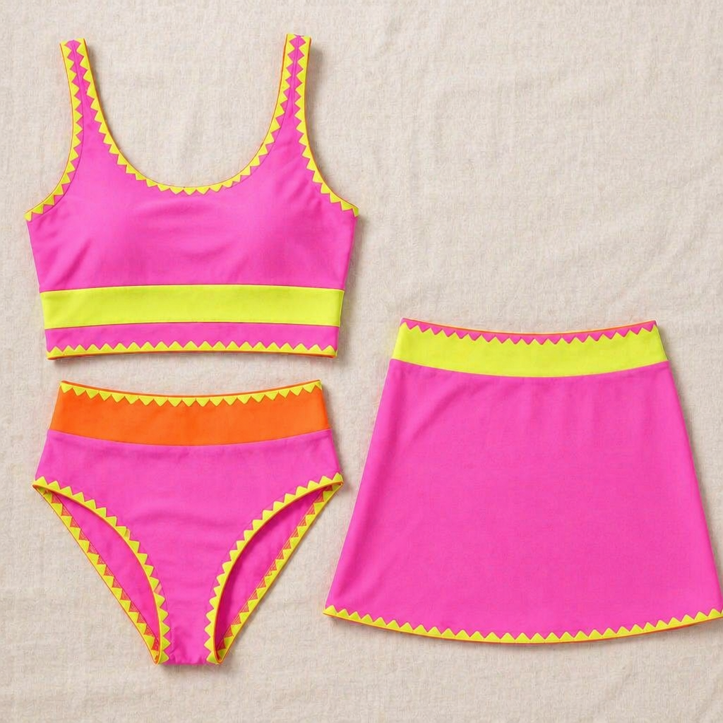 VelaAura™ – Vibrant Colorblock 3-Piece Sport Bikini with Swim Skirt Set