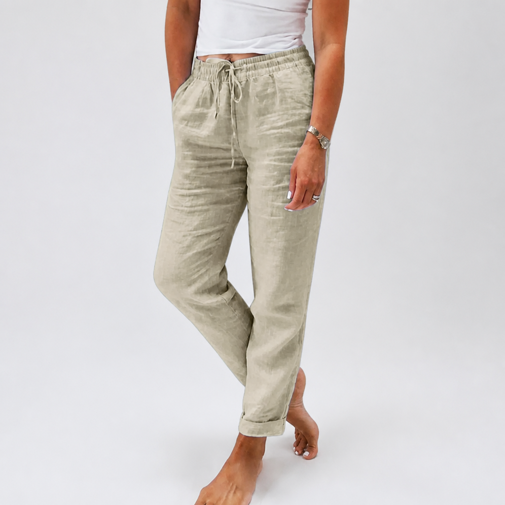 Flexiva™ – Comfortable Cotton-Linen Tapered Pants with Adjustable Drawstring Waist