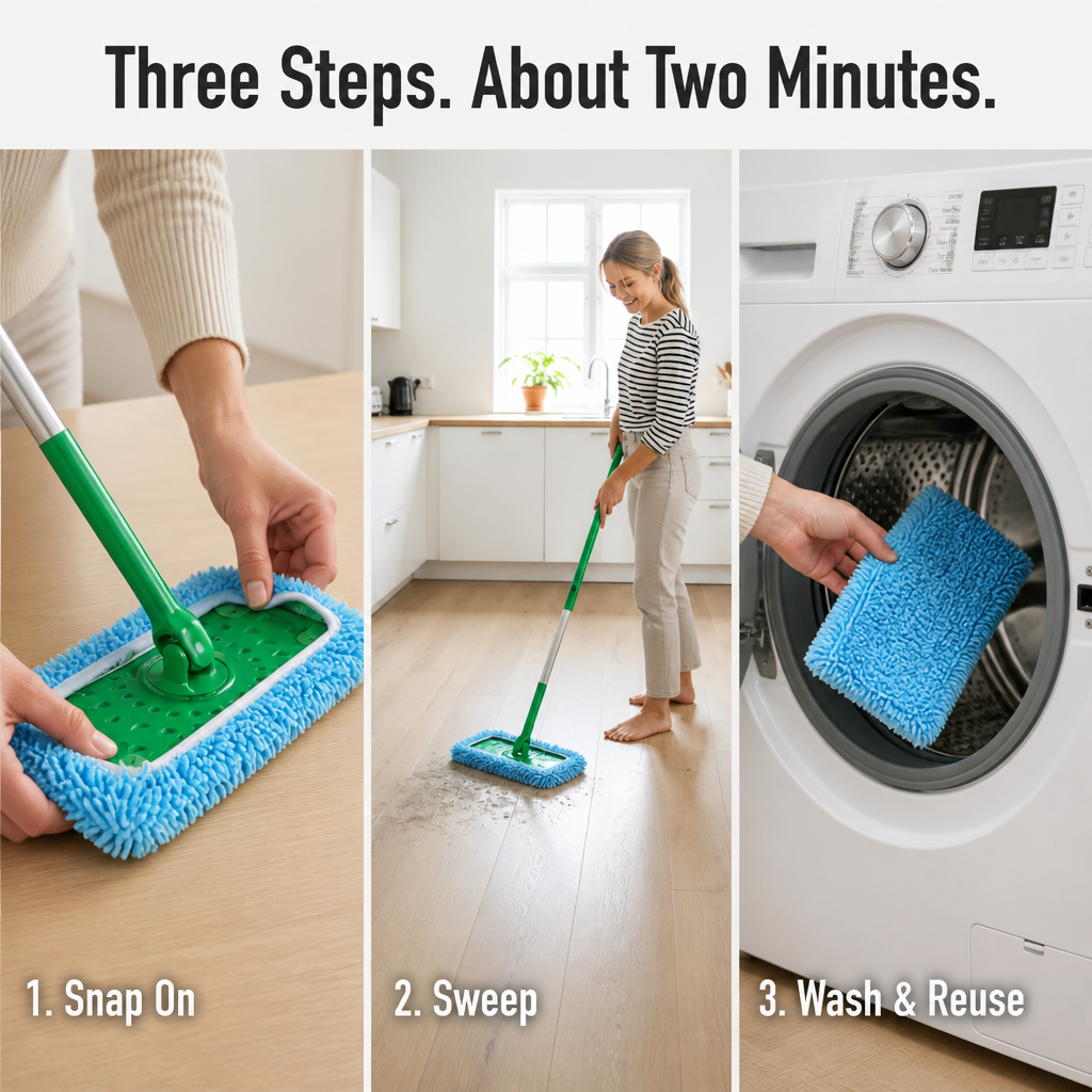 SwiftSleek™ — Snap-On Microfiber Pads That Capture Pet Hair Across 150 Washes