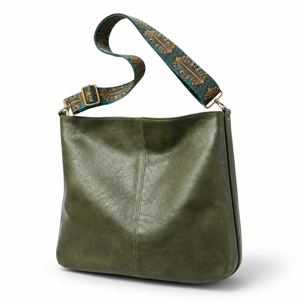 Aged-Look Leather Bohemian Strap Hobo Bag