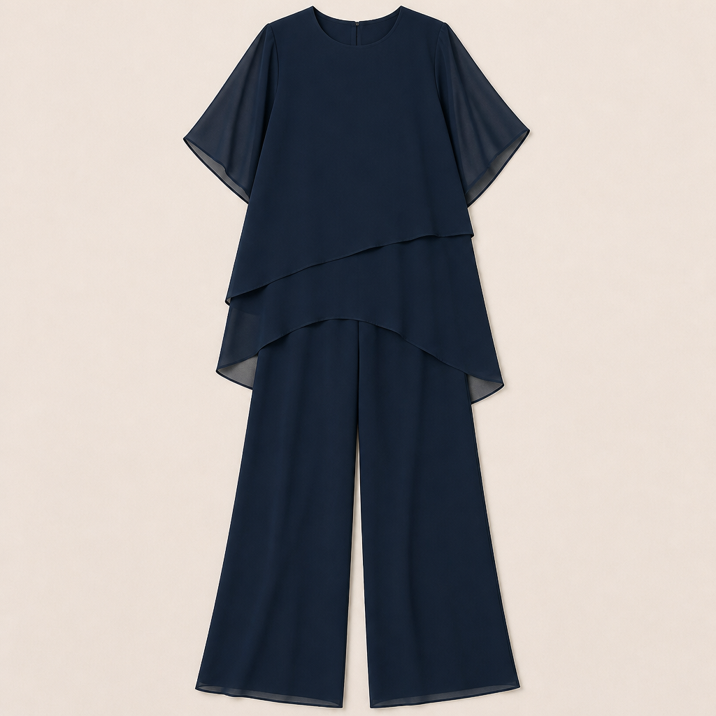 SerenLuxe™ – Sophisticated Chiffon Two-Piece Set Featuring Asymmetric Layered Top