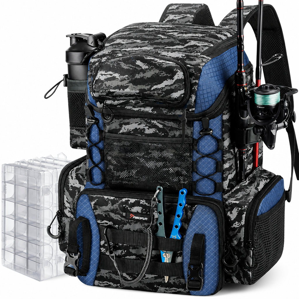 Rod Holders & Ergonomic Fishing Tackle Backpack (Includes 4 Utility Boxes)