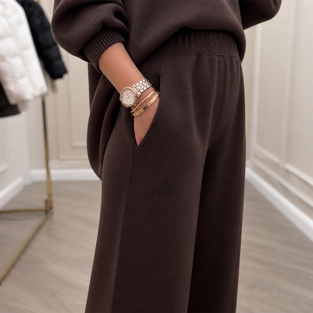 CelestiaKnit™ – Large Asymmetric Knit Ensemble Featuring Wide-Leg Trousers