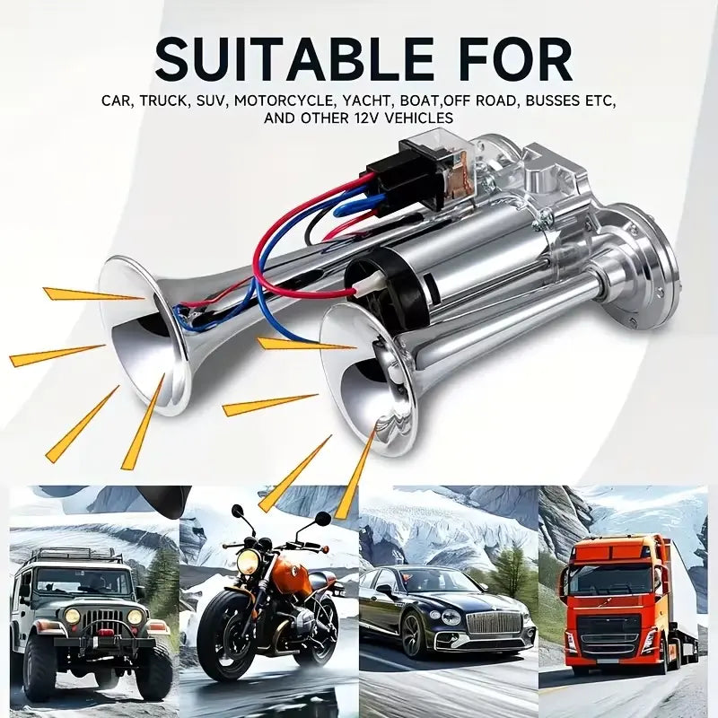 12V Vehicle Dual Air Horn System with 130dB Output and Automatic Compressor