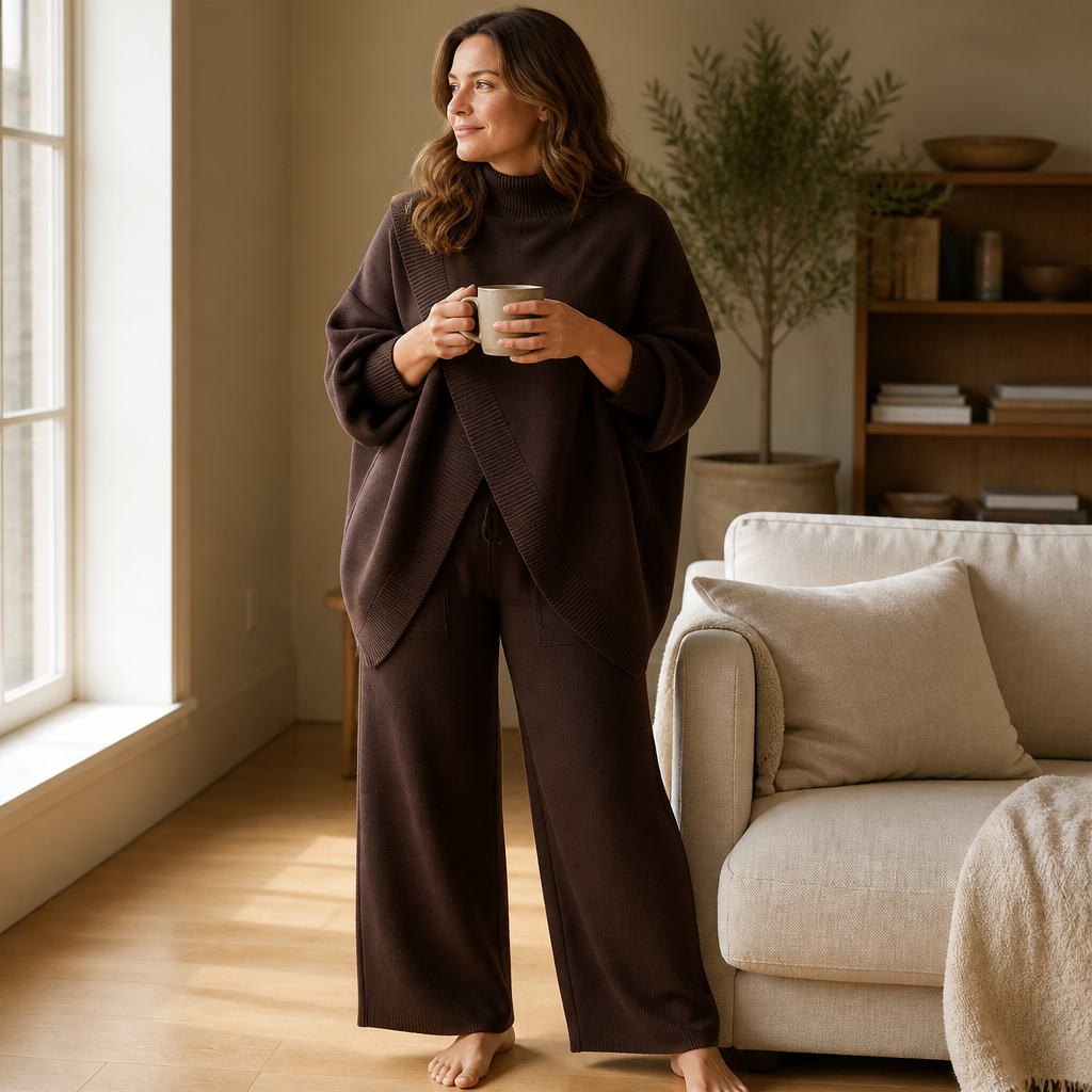 CelestiaKnit™ – Large Asymmetric Knit Ensemble Featuring Wide-Leg Trousers