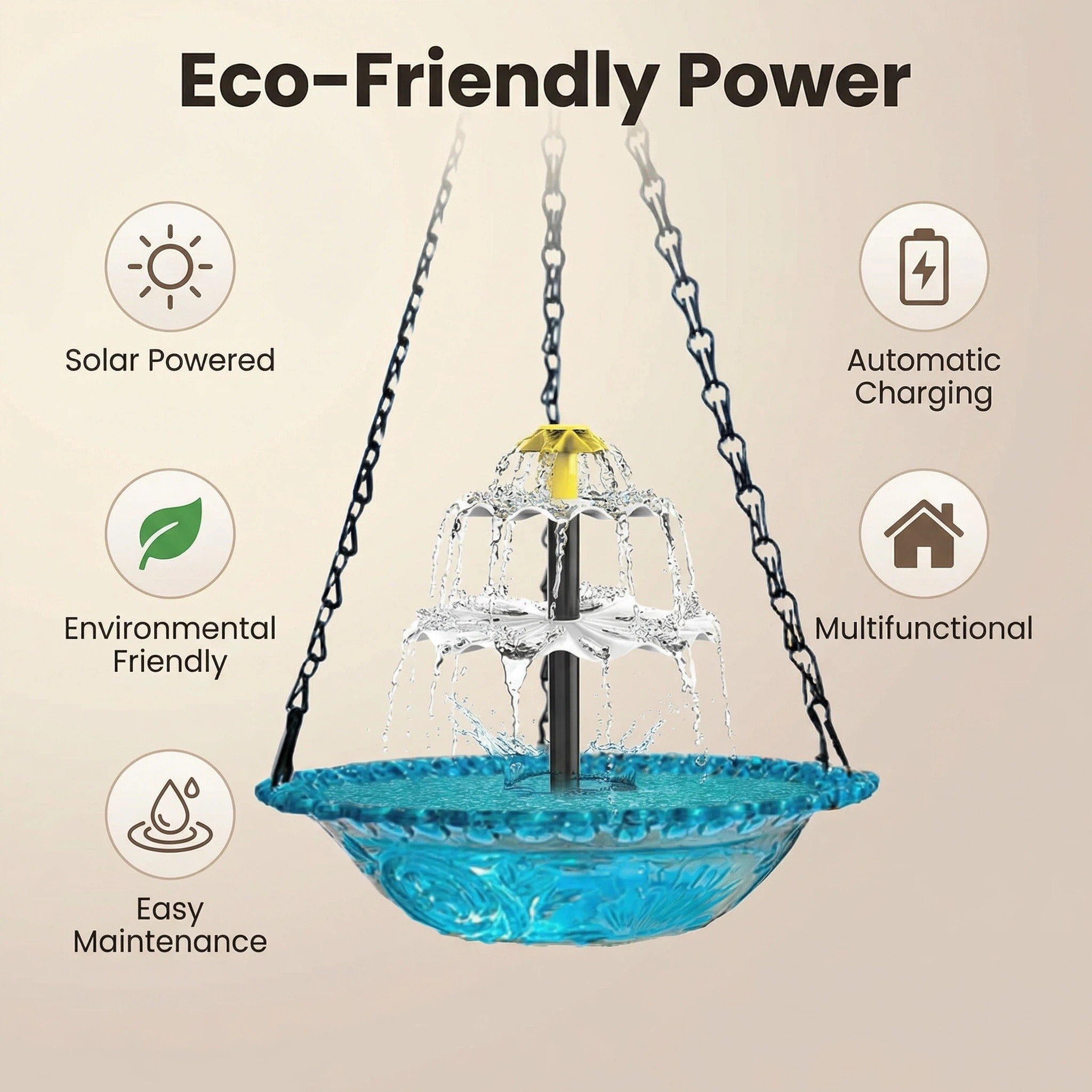 Outdoor Solar-Powered Hanging Water Fountain with Dual Waterfall