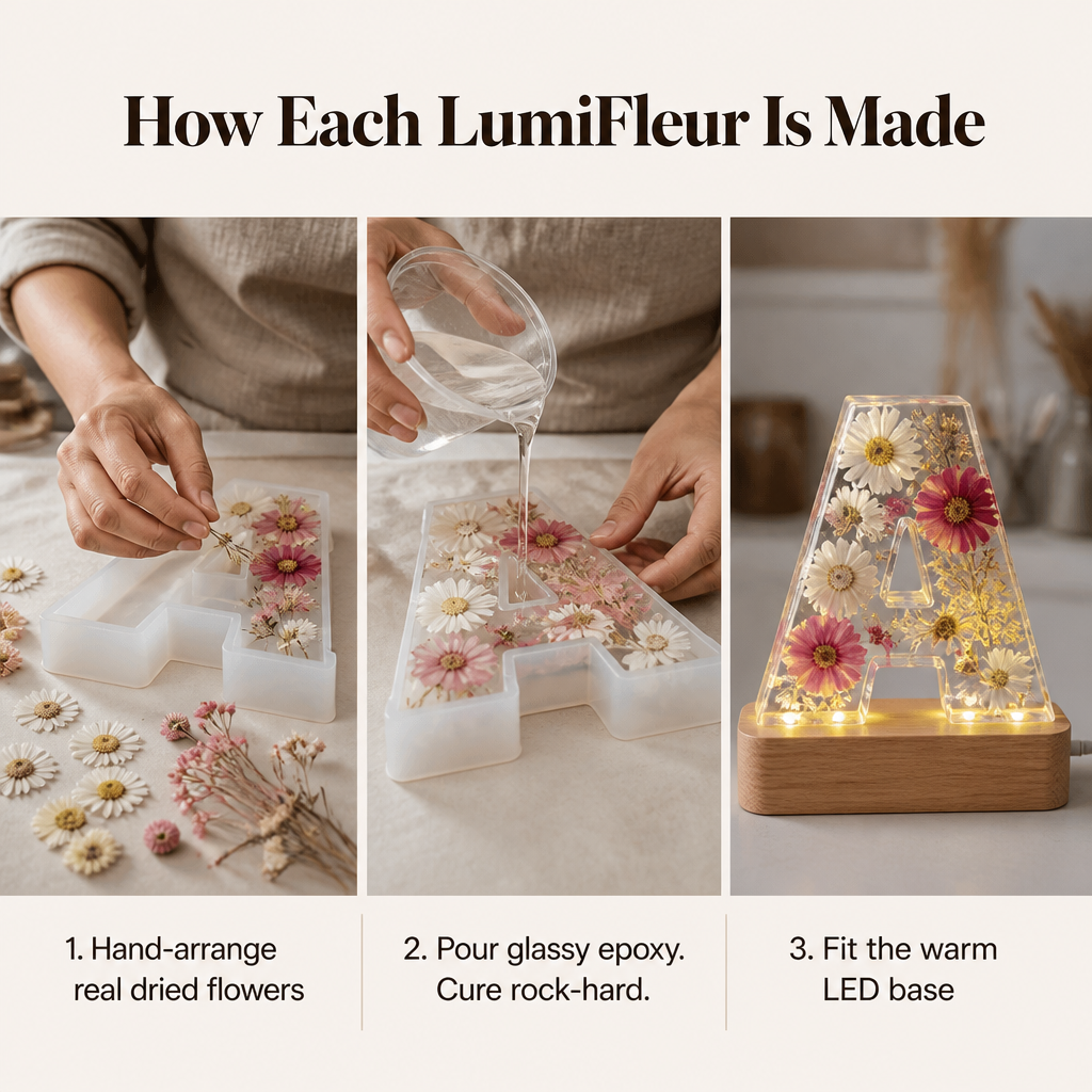 LumiFleur™ — Encapsulate Genuine Dried Blooms Within a Radiant Letter Crafted Just for Them