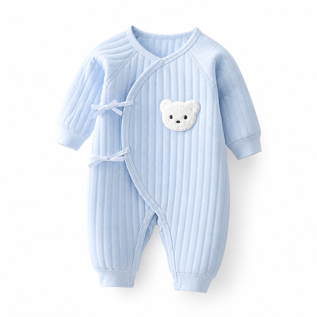 Soft 100% Cotton Press-Stud Baby Romper (Bear Applique)