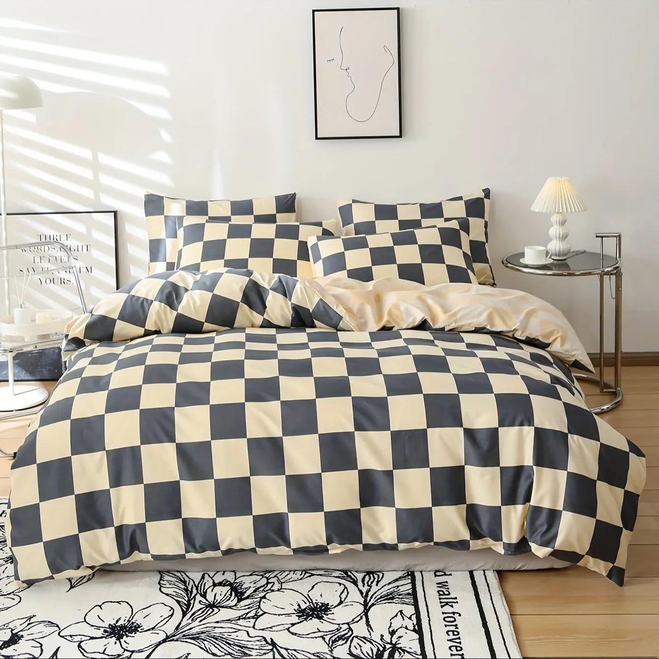 Zipper Closure 3-Piece Checkered Bed Linen Set