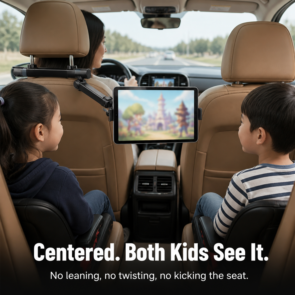 RoadEase™ — Position Your Tablet Right Between Both Headrests for Comfortable Backseat Viewing