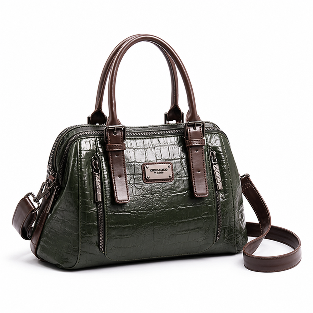 Genuine Leather Embossed Croc Boston Handbag (Removable Strap)