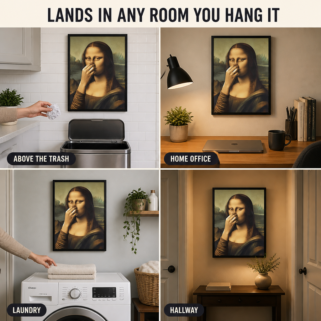 QuirkyCharm™ — Hang Mona Lisa Holding Her Nose Over Your Toilet