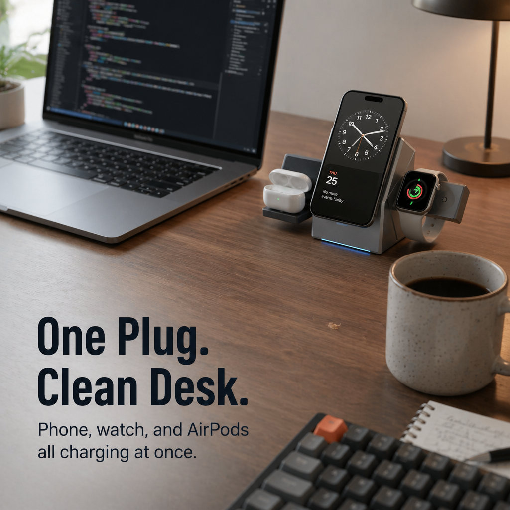 ChargeFlow™ — Attach Your iPhone, Watch & headset to One Foldable Qi2 Stand