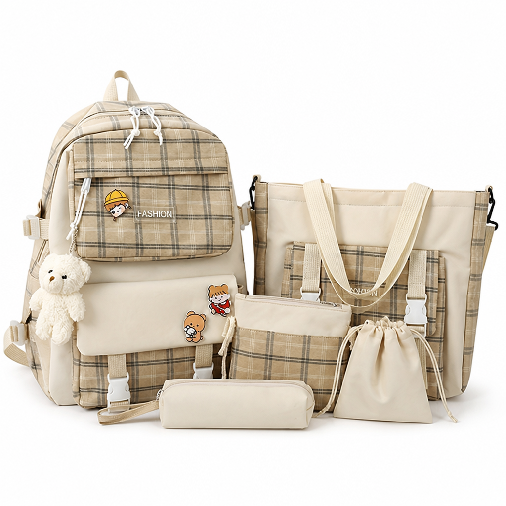 Large Capacity Minimalist Plaid Backpack Set (Set of 5)