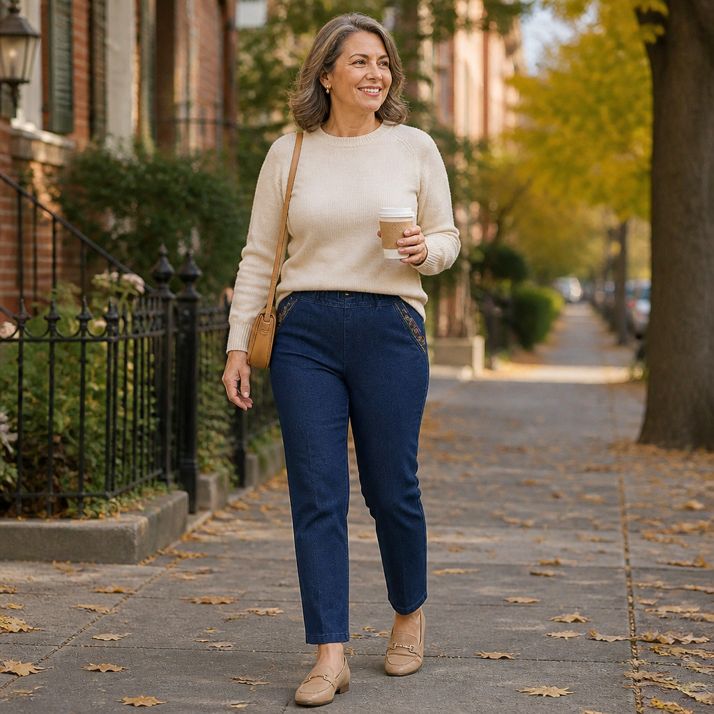SculptEase™ – Stretch Pull-On Straight Leg Jeans Featuring Embroidered Pockets