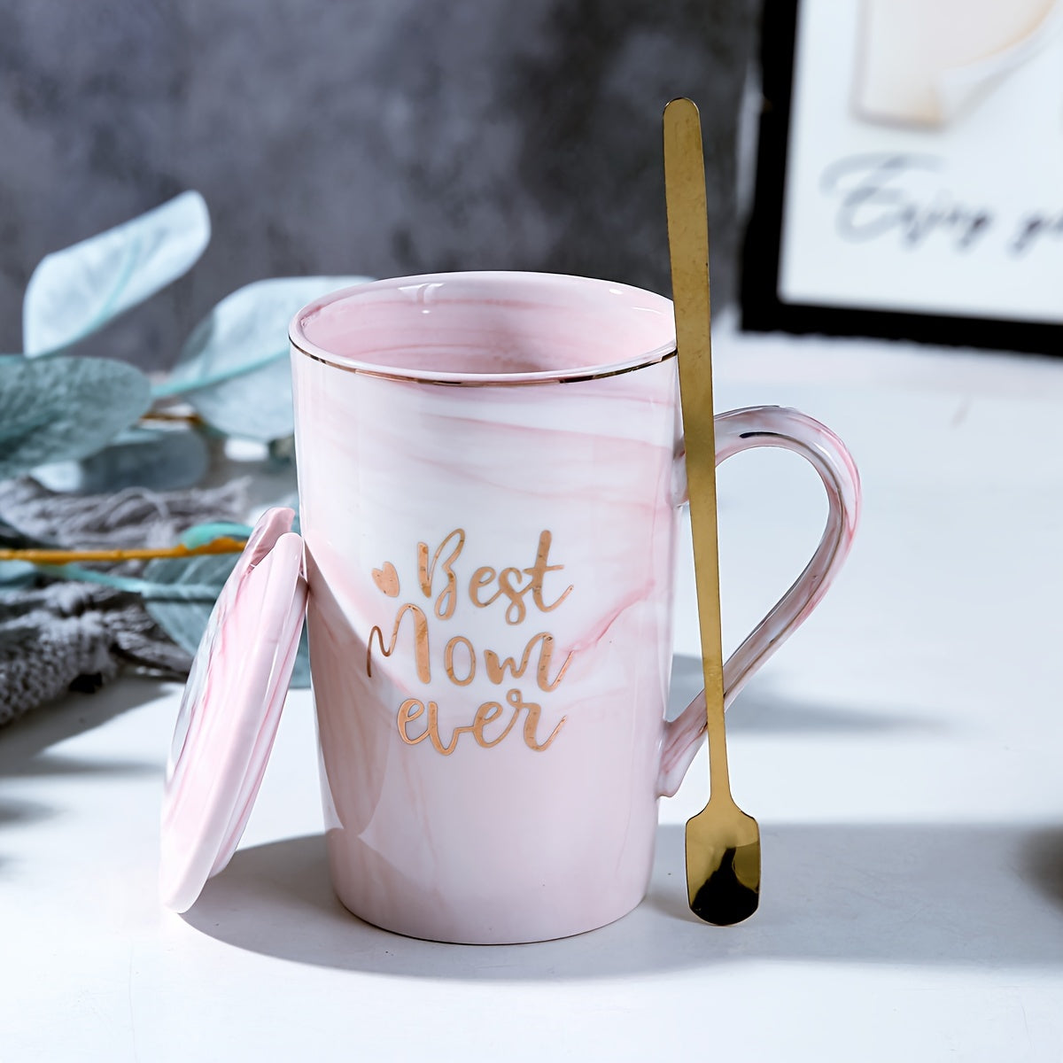 Marble-Patterned Coffee Mug with Lid and Spoon