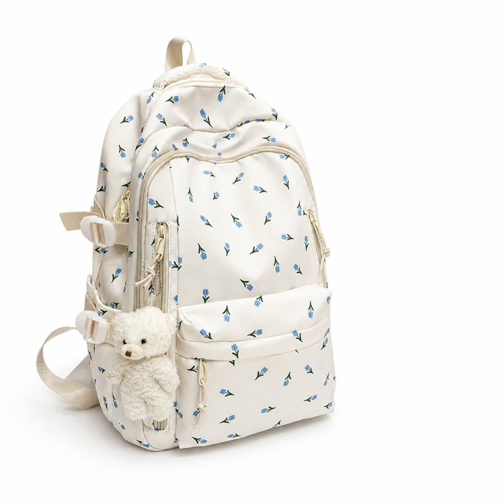 Large Capacity Rose Print Backpack (Teddy Bear Charm)