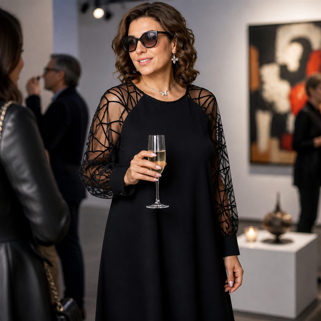 LumaraMist™ – Stylish A-Line Tunic Dress with Mesh Sleeve Elegance
