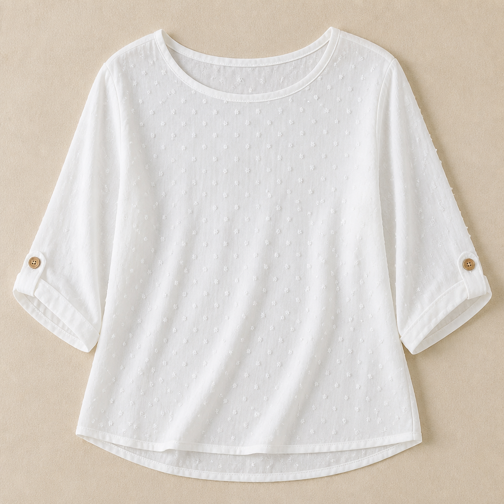 SilkoraWave™ – Laid-Back Swiss-Dot Top Featuring Buttoned Sleeve Tabs