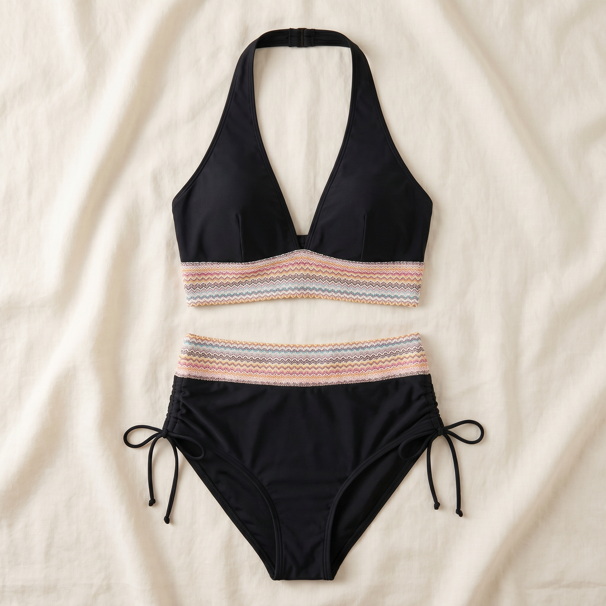 LunaSeam™ – Halter Bikini Set with High Waist and Woven Chevron Band