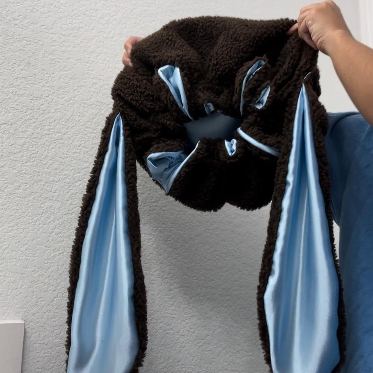 Satin-Lined Hair Protection Hat with Plush Rabbit Ears