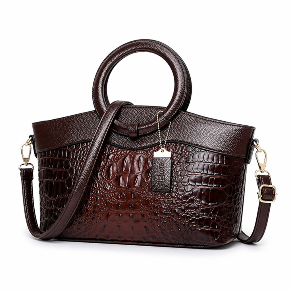 Crocodile-Embossed Structured Top-Handle Bag (Removable Strap)
