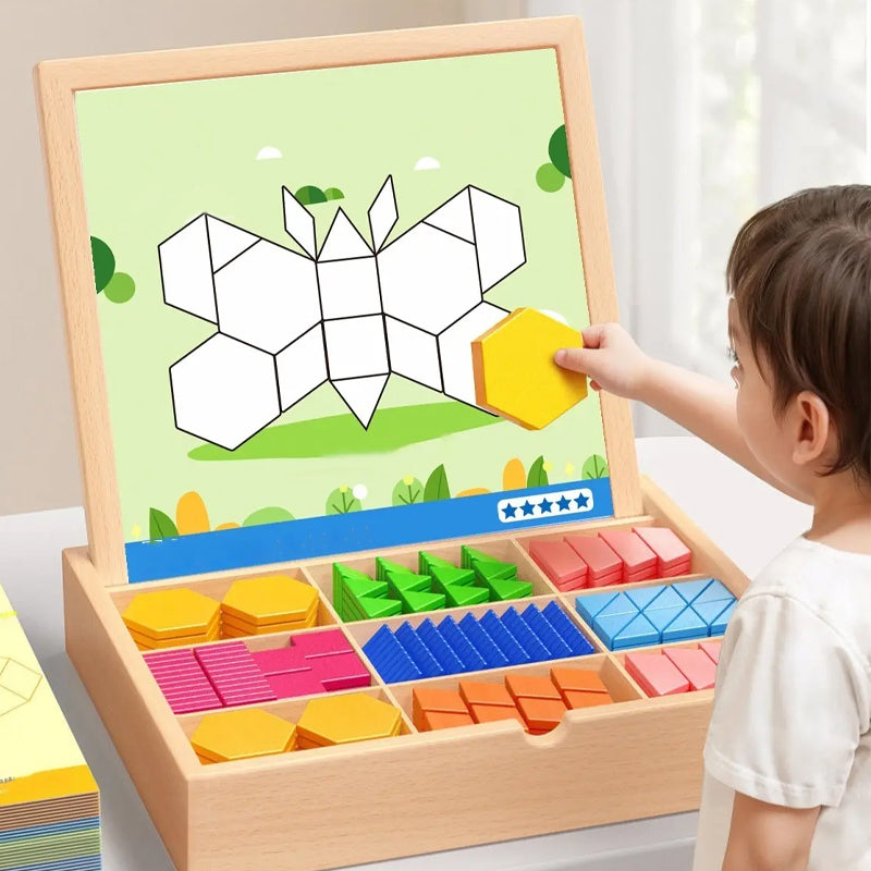 Wooden Building Blocks Set with Magnetic Pieces and Pattern Cards