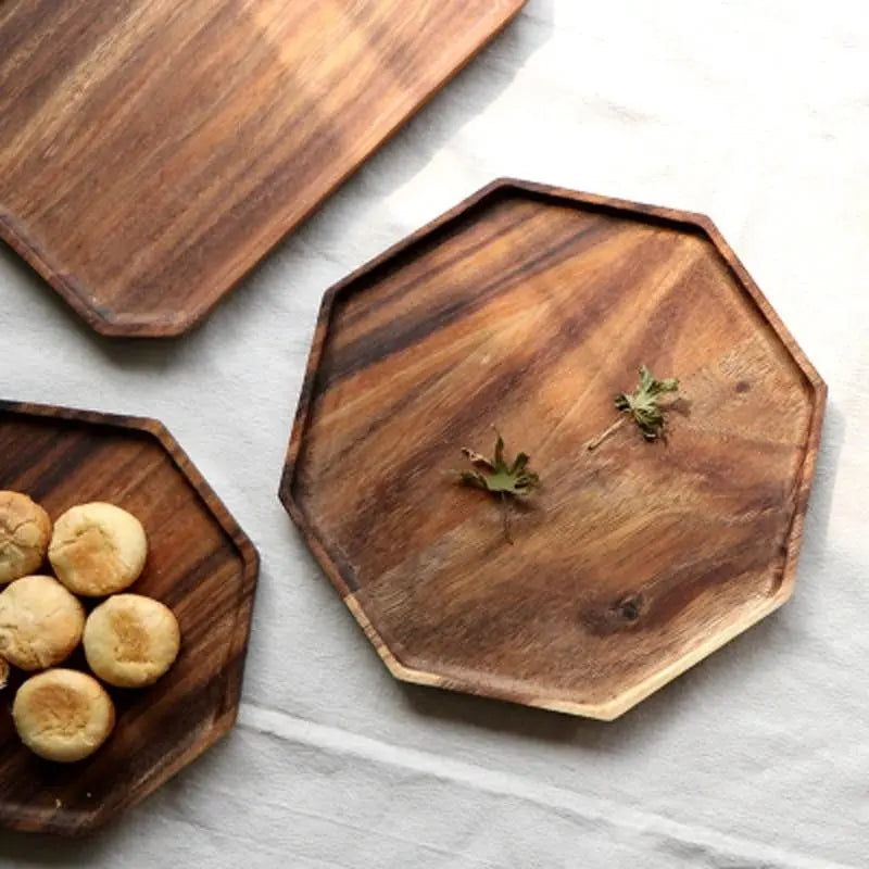 Octagonal Wooden Serving Platter – Decorative Design in Warm Brown