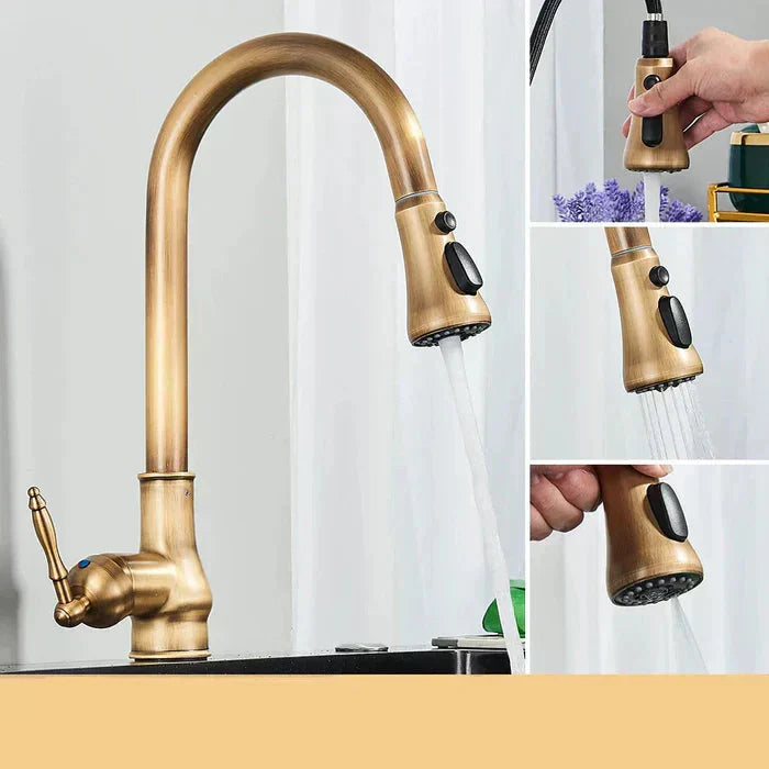Antique Brass Kitchen Faucet | Swivel Spout | Single Handle Control