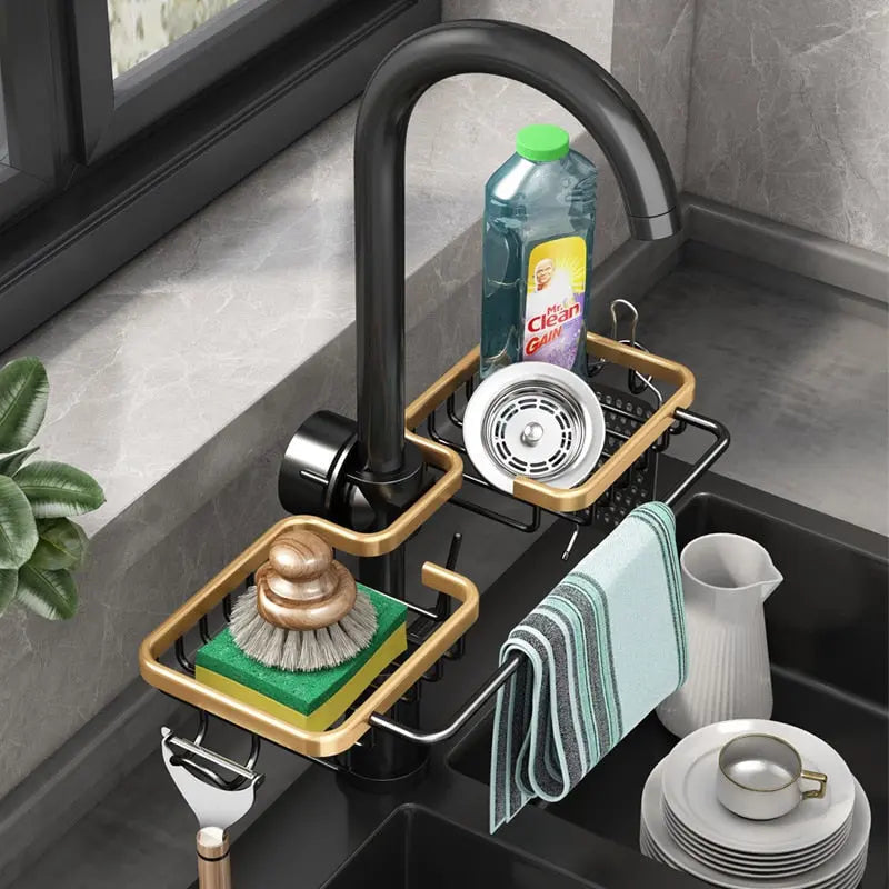 All-in-One Kitchen Faucet Organizer for Sponge, Brush, and Towels