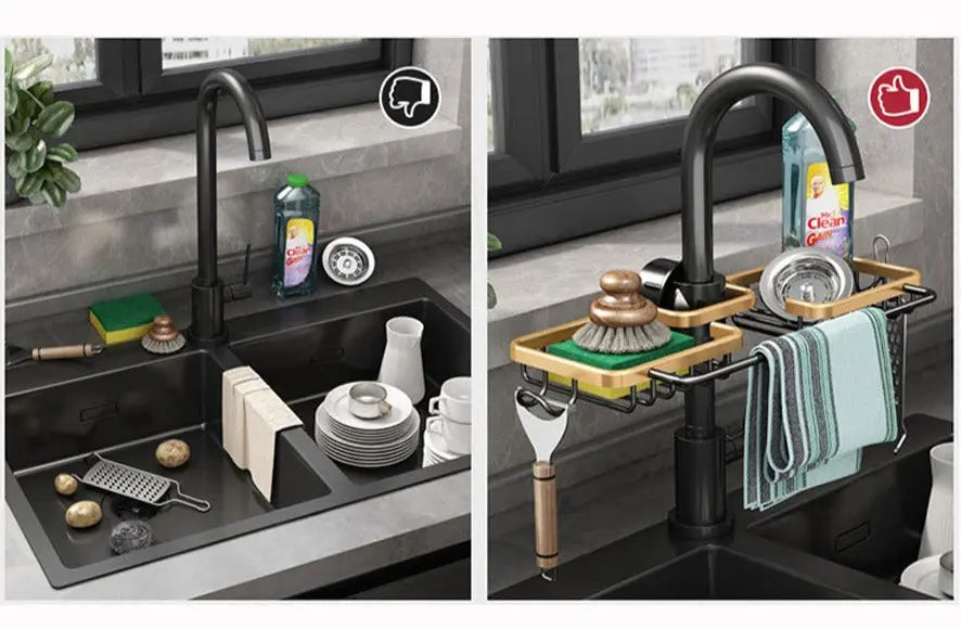 All-in-One Kitchen Faucet Organizer for Sponge, Brush, and Towels
